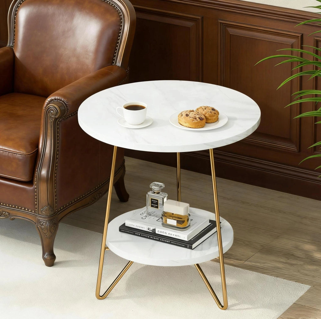 Tavolino rotondo a 2 ripiani bianco e oro 47x55 cm