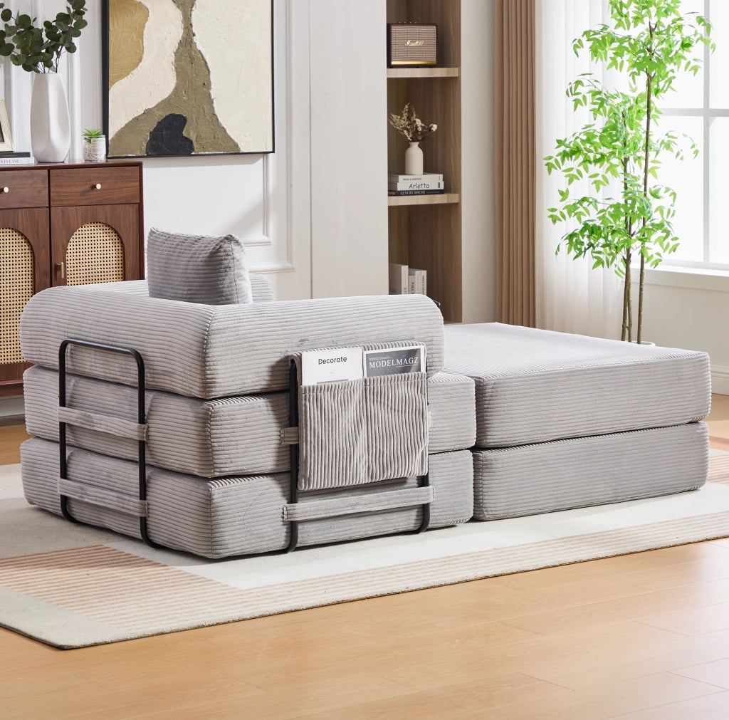 Divano modulare in velluto a coste grigio chiaro con pouf; 112x190x67 cm; senza montaggio