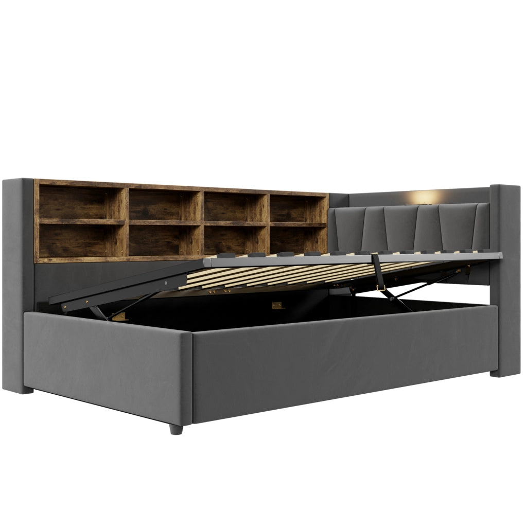 Letto imbottito 90x200 cm grigio in velluto con contenitore idraulico; luci e prese USB/Type-C