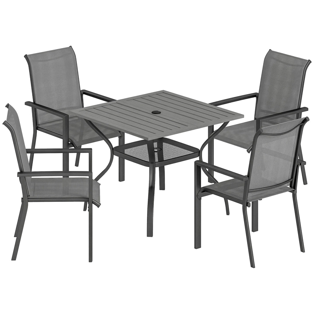Set 5 Pezzi da Giardino Tavolo con Foro Centrale e Ripiano Inferiore con 4 Sedie Impilabili in Acciaio Grigio