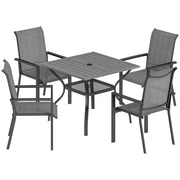 Set 5 Pezzi da Giardino Tavolo con Foro Centrale e Ripiano Inferiore con 4 Sedie Impilabili in Acciaio Grigio