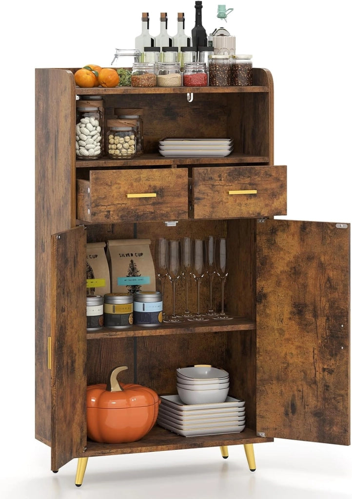 Credenza Cucina, Piano Superiore con Bordo Anticaduta, Scomparto Aperto, 2 Cassetti e Armadietto a Doppia Anta, Mobile Moderno con 2 Antiribaltamento per Soggiorno e Ingresso (Marrone)