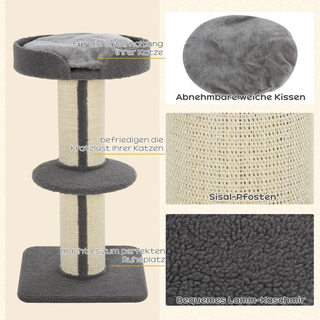 Tiragraffi per gatti con piattaforme, sisal e cuscino grigio