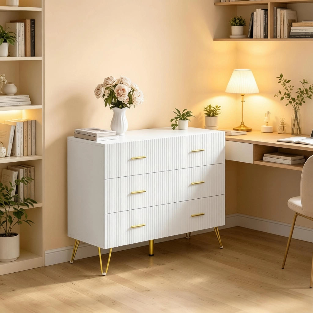 Comò bianco e oro con 6 cassetti, mobile contenitore multifunzione 100x40x75 cm