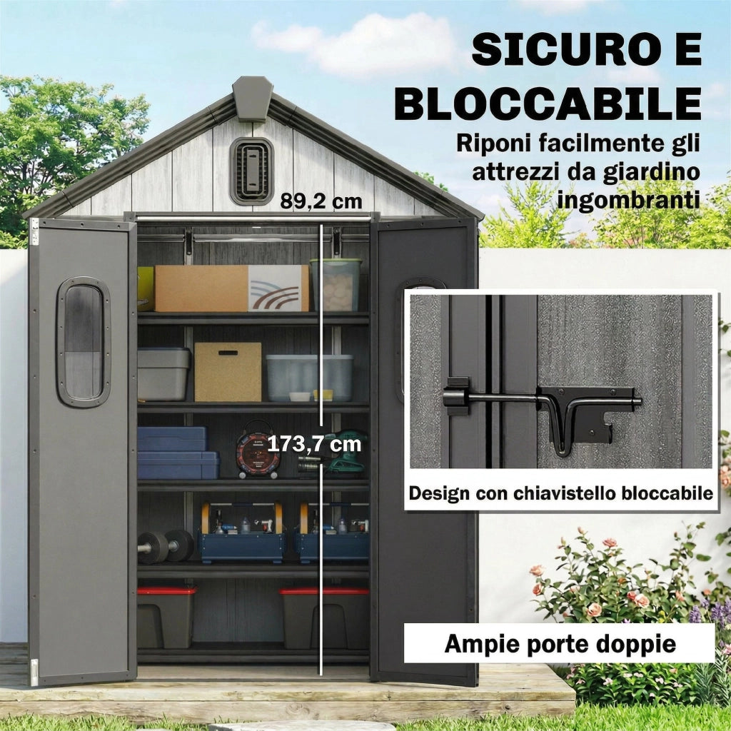 Capanno Giardino in Plastica Grigio con Doppie Porte ¨C Zephmum ¨C 160x98x217 cm