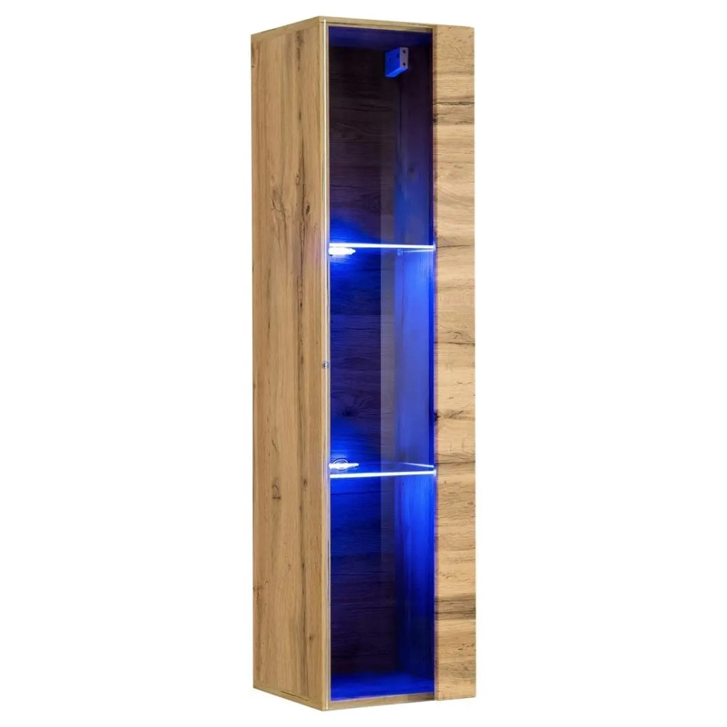 Vetrina sospesa color rovere piccolo modello con 1 porta a vetro e illuminazione LED inclusa. Collezione SWITCH.