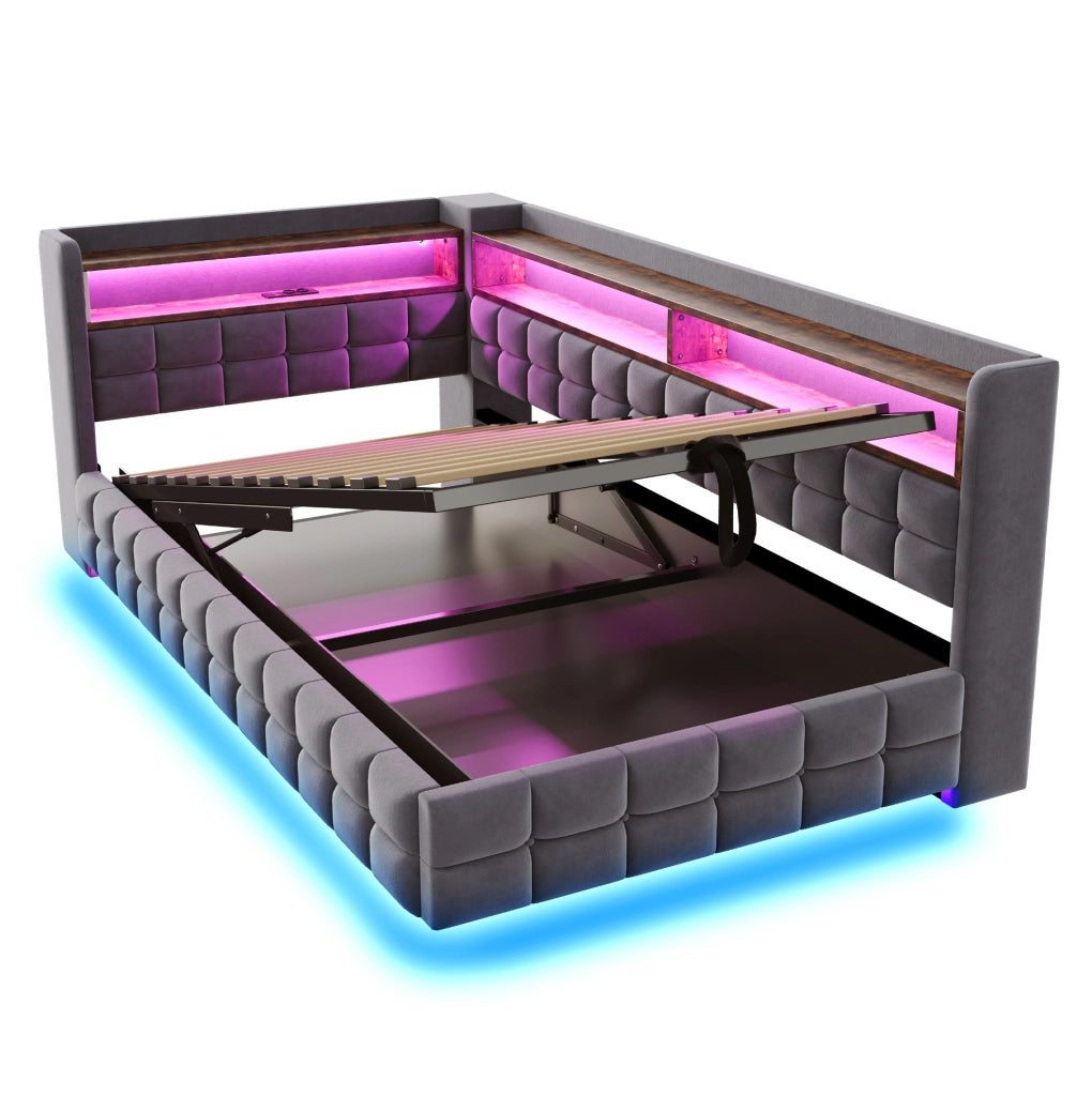 Divano letto imbottito 90x200 cm grigio con LED e ricarica USB