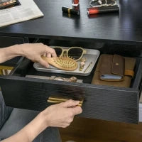 Tavolo da Trucco con 2 Cassetti, 6 Ripiani, Specchio e Sgabello, in Legno e Acciaio, 90x45x132.5 cm, Nero
