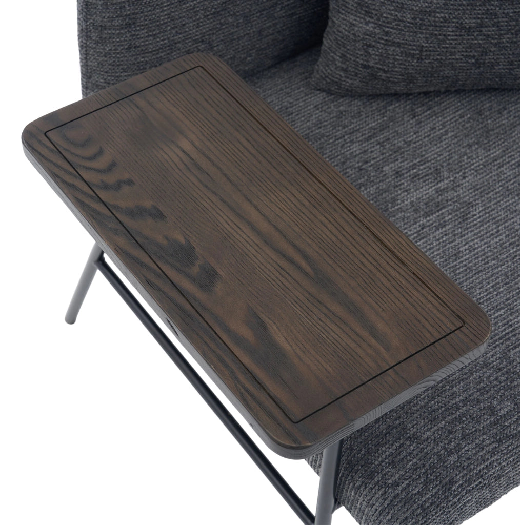Poltrona da relax in chenille grigio scuro con tavolino laterale e tasche portaoggetti; 86x72x71 cm