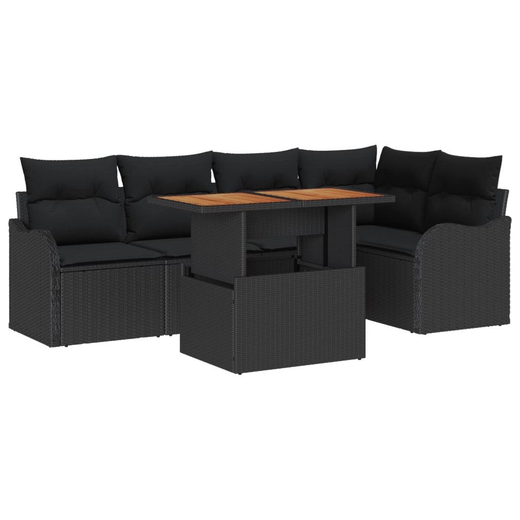 Set Divano da Giardino 6 Pezzi con Cuscini Nero Polyrattan Acacia