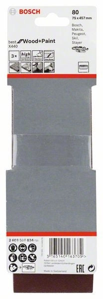 2608606034 - Set di nastri abrasivi da 3 pz. X440 75 x 457 mm, P80, BEST for LEGNO+VERNICE