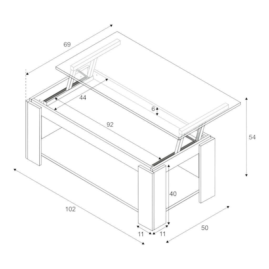 Tavolino da salotto Aeolus, Tavolino da caffÒ¨ con ripiano elevabile, Tavolo basso da soggiorno, cm 102x50h43/54, Bianco opaco