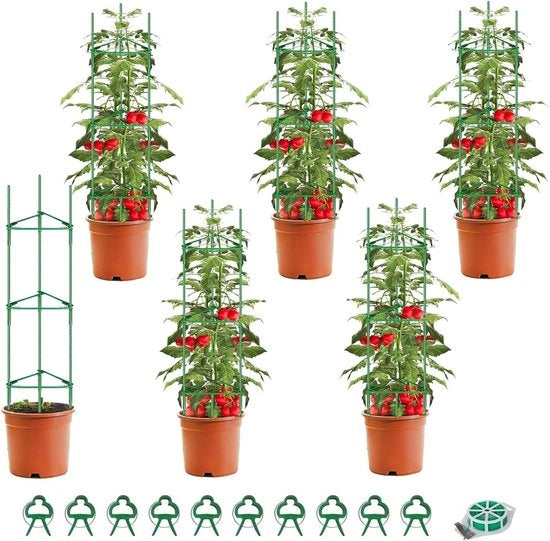 Supporto per piante in metallo da 121 cm per pomodori - supporto per zucchine, rose e fiori con clip per piante e nastro (6 pezzi)