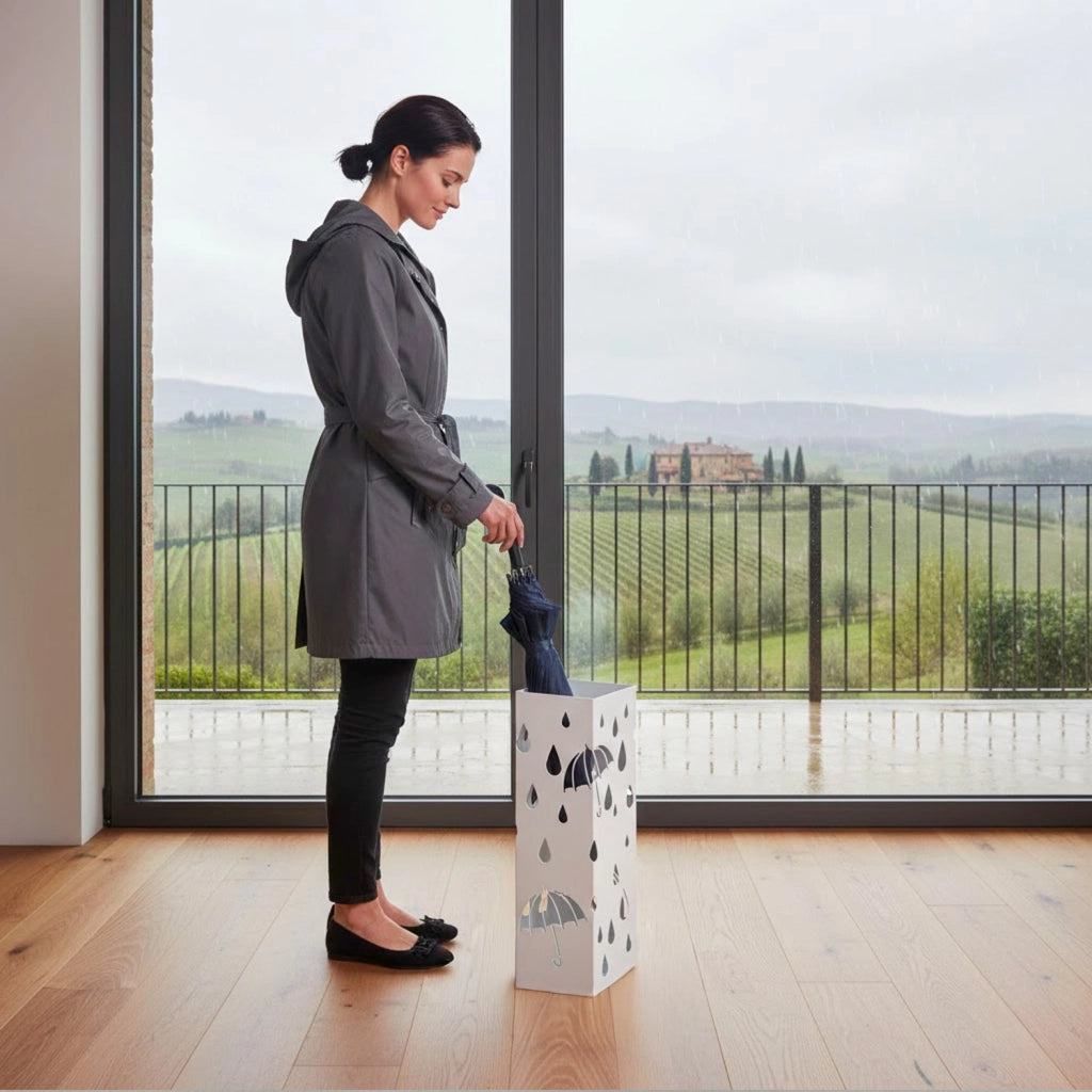 Portaombrelli In Acciaio Zincato Design Moderno Con Vaschetta Scolapioggia Base Antiscivolo E 2 Ganci Removibili Per Casa E Ufficio 49 X 15.5 X 15.5 Cm Bianco