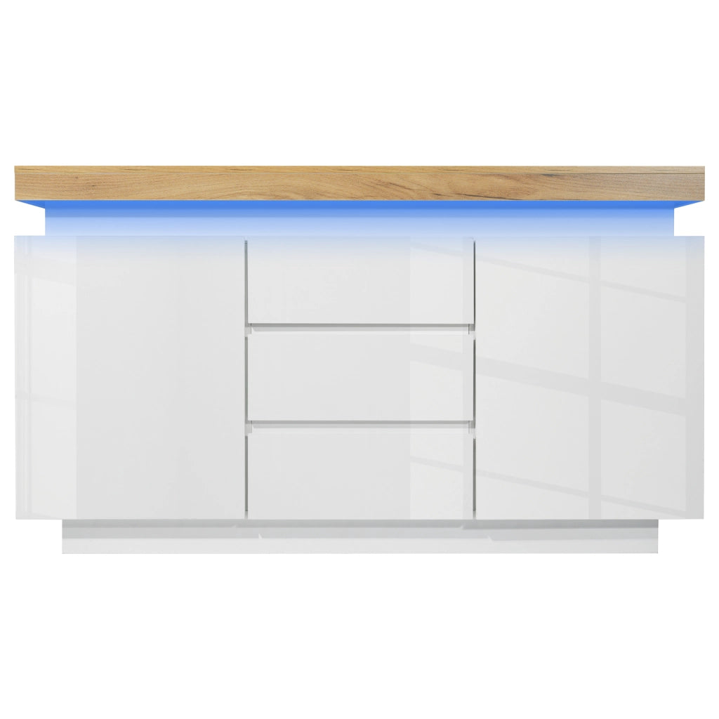 Madia con 2 Ante e 3 Cassetti e LED; Finitura Lucida; Stile Moderno; in Pannelli; Bianco; 140??39??81 cm