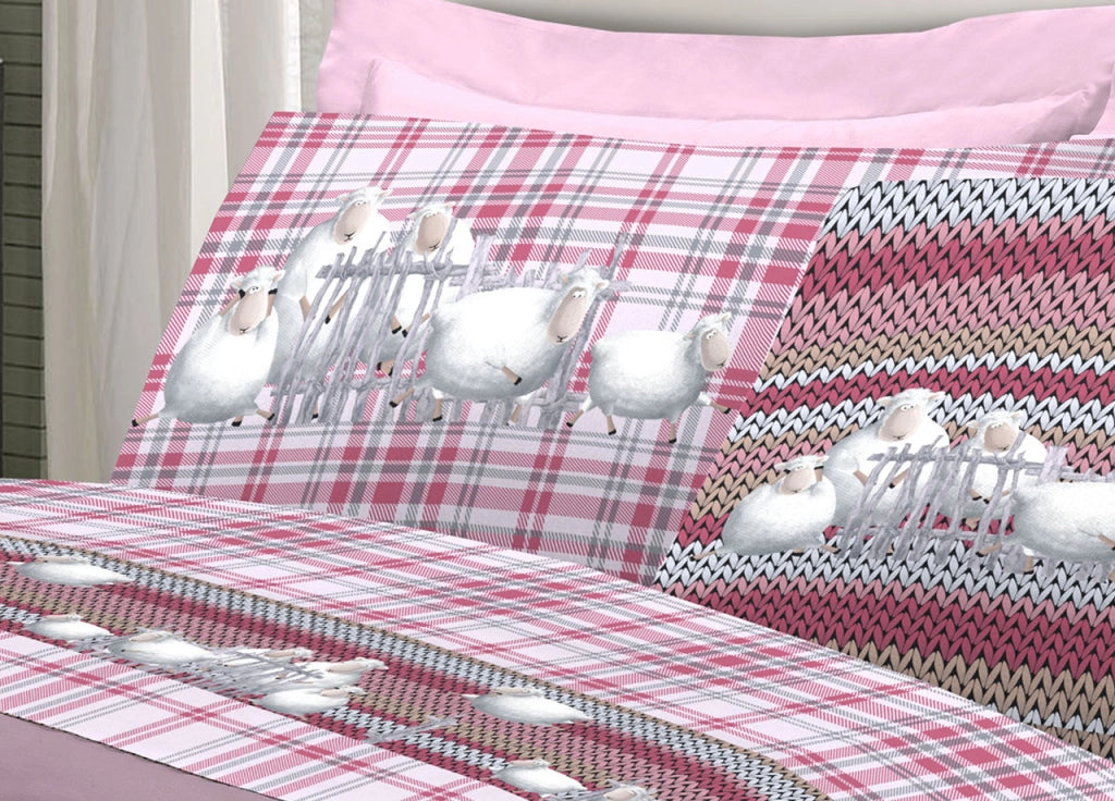 Completo Lenzuola Linea Pensieri Delicati 100% Cotone Disegno Pecorelle - Piazza E Mezza - Rosa