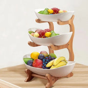 Fruitetagère a 3 livelli, etagère per frutta in ceramica con standard in bambù, moderna scatola per frutta e dessert, verdure (bianca)