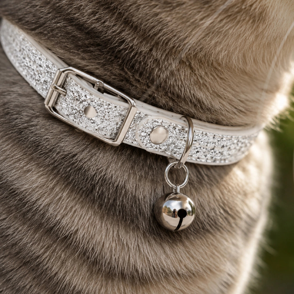 Set 3 Collari per Gatti con Campanellino, Collare Regolabile Effetto Glitter Argento 32 cm, Fibbia in Metallo, Elegante e Confortevole per Gatti e Gattini