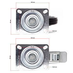 Set 4 ruote piroettanti, freno doppio blocco, Rotella 100mm max 70kg, metallo e gomma piena