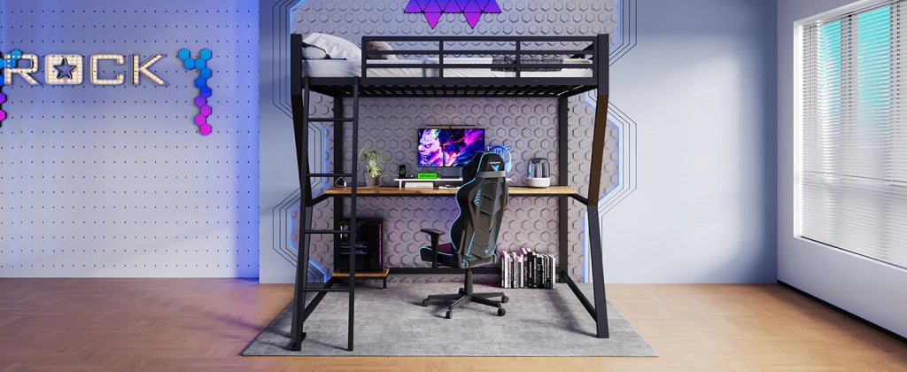 DESMIU Letto a Soppalco 2 Posti con Scrivania, Presa, USB e LED 140 × 200 cm, Senza Materasso, Nero