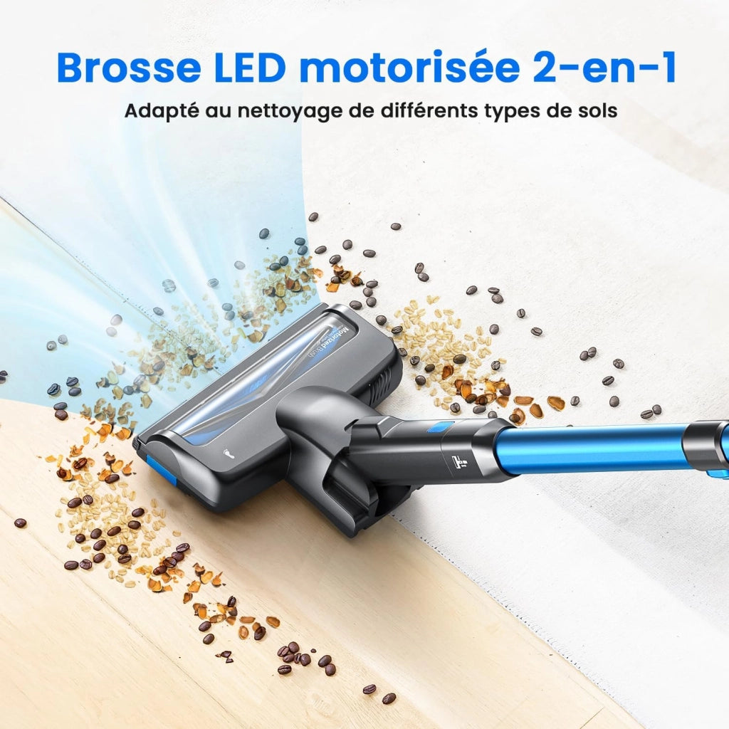 Aspirapolvere senza fili INSE S7P blu con display a LED e spazzola a rullo morbida.