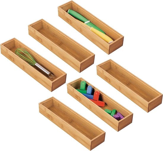 Set di 6 scatole di conservazione per la cucina – cassettiera rettangolare in bambù – organizzatore di cassetti ripiegabile per utensili e accessori da cucina – colori naturali
