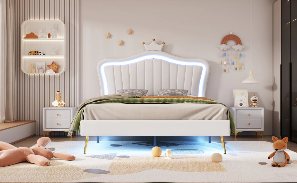 Letto a corona per bambine con LED; testiera regolabile e doghe; ecopelle bianca; 140x200 cm; senza materasso