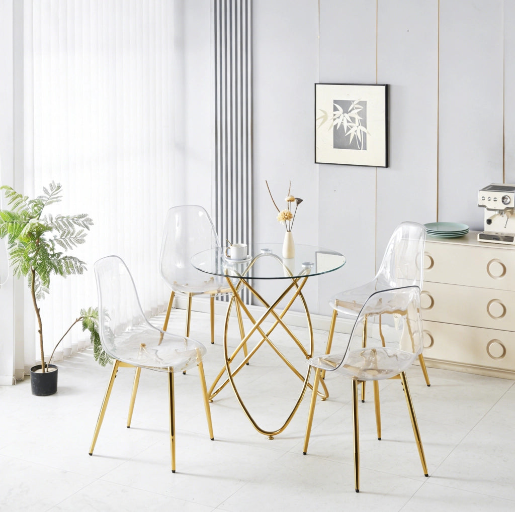 Set da pranzo con 4 sedie in velluto e gambe dorate