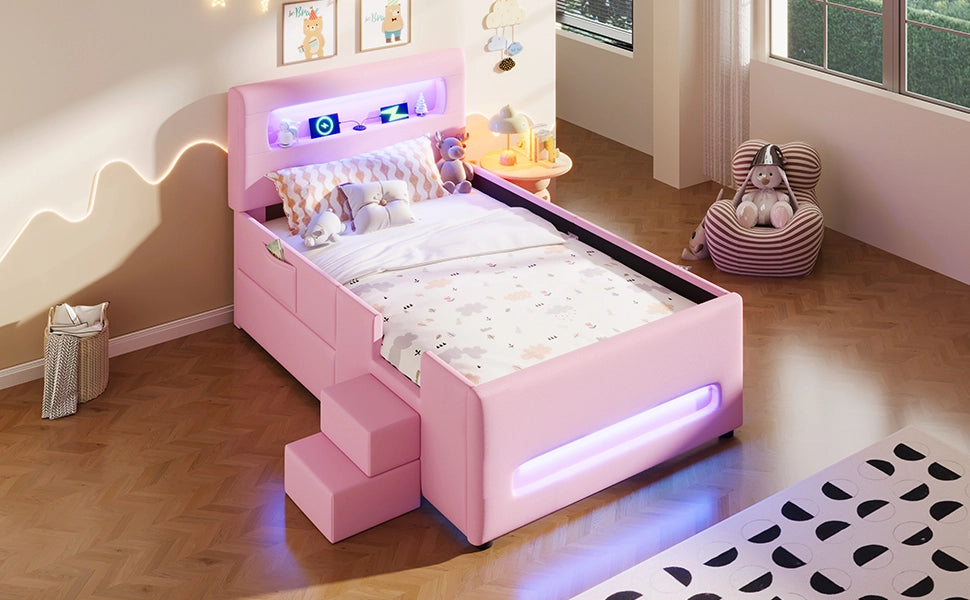Letto imbottito a piattaforma 90 x 200 cm con scala, cassetti, strisce LED, USB e tasche contenitore - Rosa
