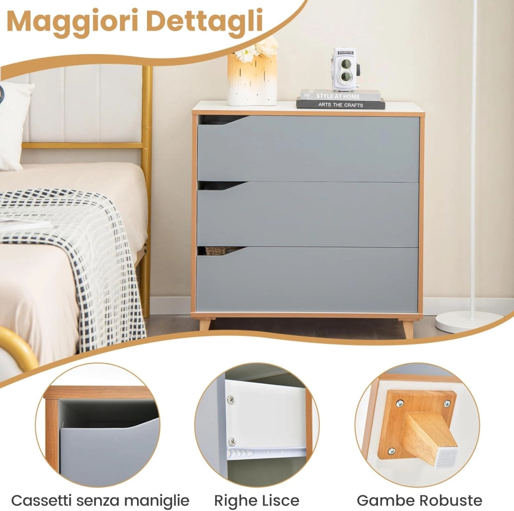 Cassettiera in Legno, Cassettiera Moderna con 3 Cassetti, Maniglia Incorporata e Dispositivo Anti-ribaltamento, per Camera da Letto, Ingresso, Cabina Armadio, 75 x 42 x 75 cm (Grigio)
