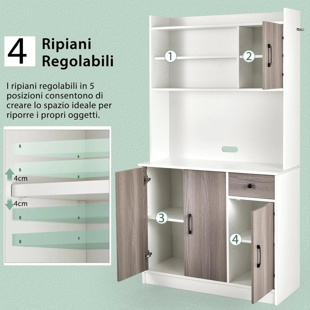 COSTWAY Armadio da Cucina Alto 180 CM, Credenza Alta da Cucina con Armadietti e Cassetto, Stazione di Ricarica Integrata, Ripiani Regolabili, 100 x 40 x 180 cm (Bianco)