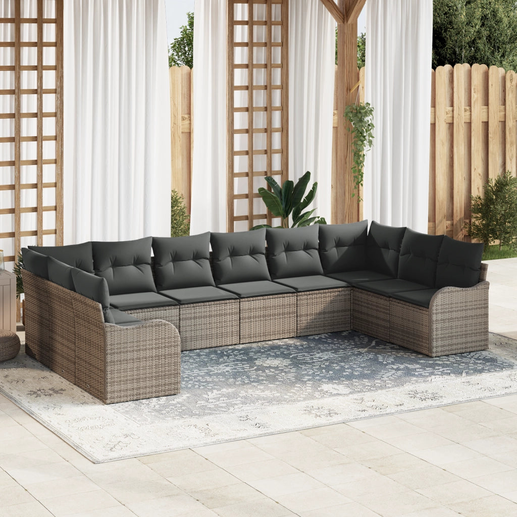 Set Divano da Giardino da 10 Pezzi con Cuscini Grigio Polyrattan
