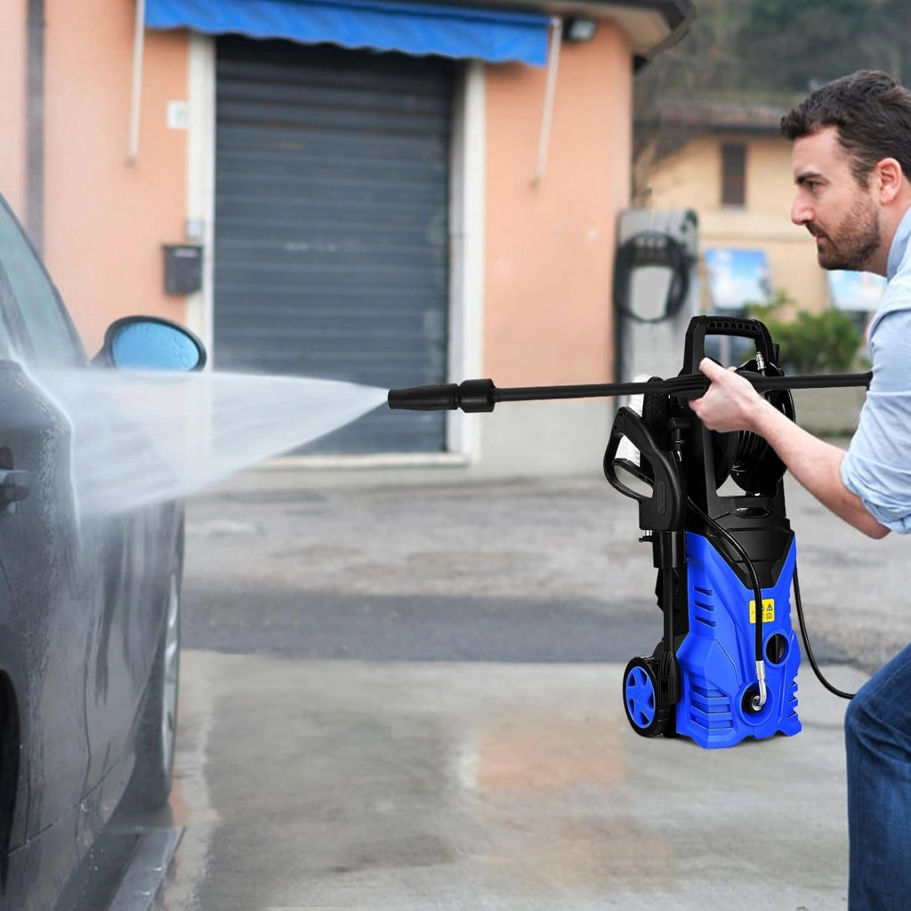 Pulitore ad alta pressione 1500 W, pulitore elettrico 140 bar, 5 l/min, con ugelli, raccordo ingresso acqua, vasetto da bucato, spazzola cavo elettrico 5 m, per auto, terrazza, parete (blu+nero)