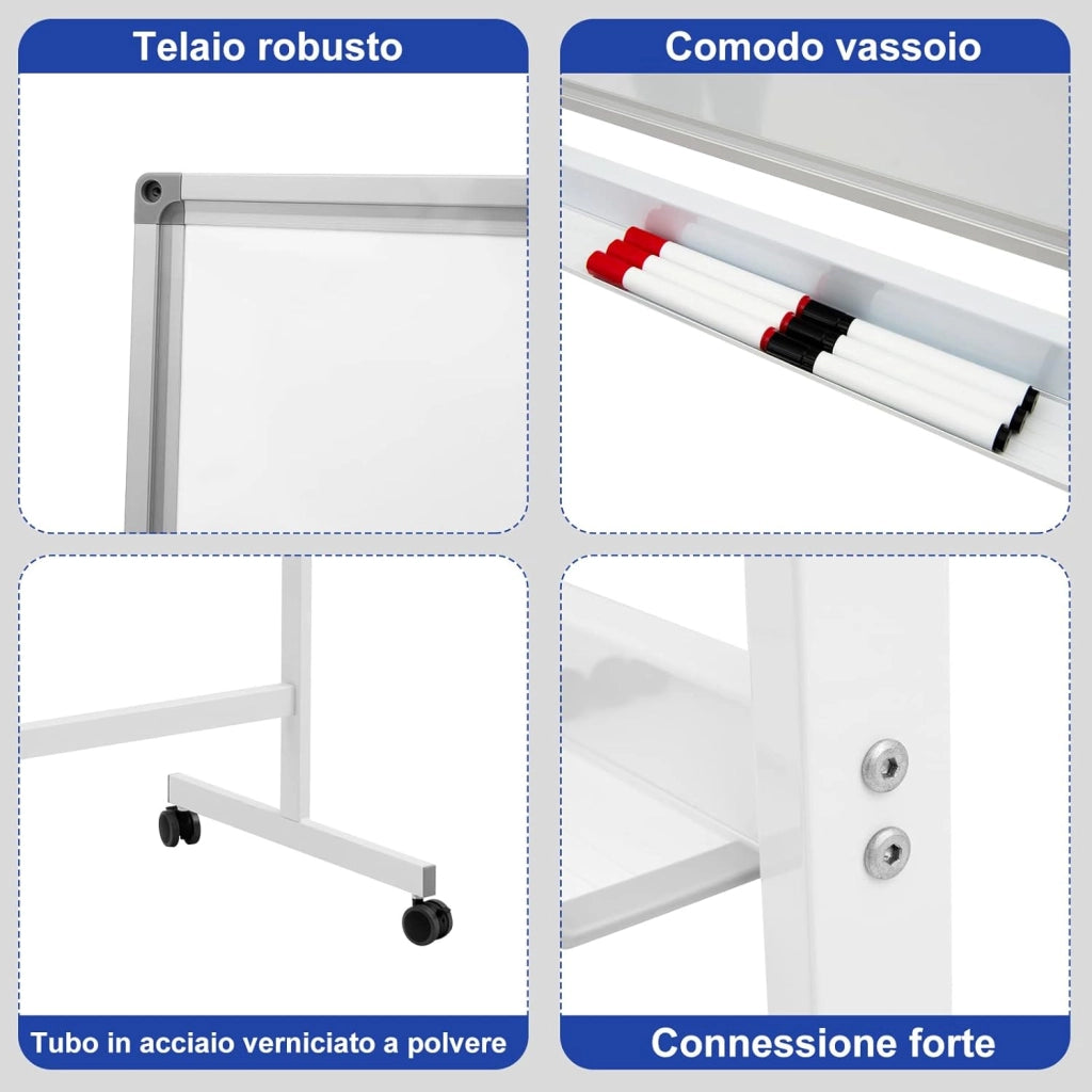 Lavagna Bianca Magnetica Doppia, Design Regolabile in Altezza con Ruote Bloccabili, 6 Pennarelli, 12 Calamite e 1 Cancellino, Ideale per Casa Ufficio e Scuola, 126 x 59 x 145/165 cm (Bianco)