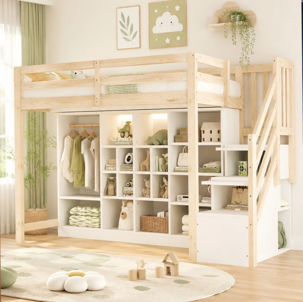 Letto a soppalco 90 x 200 cm con scaffali; armadio; scala contenitore e LED; legno naturale e bianco
