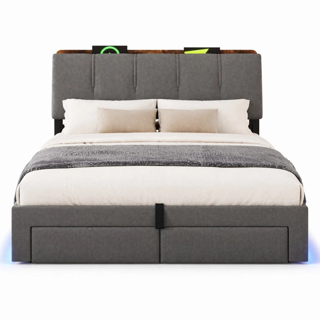 Letto imbottito 140x200 cm in lino grigio con contenitore idraulico; USB-C e LED