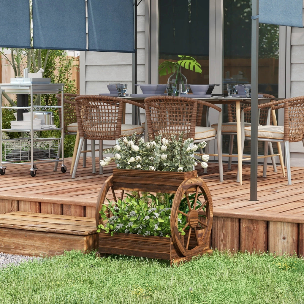 Fioriera da Esterno a 2 Livelli con 3 Vasi e Ruote di Carro Stile Country 64x54x60 cm in Legno Carbonizzato
