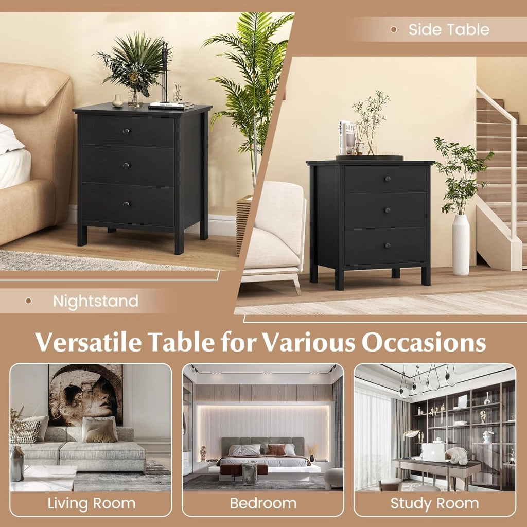 Comodino nero, credenza piccola con 3 cassetti, cassettiera indipendente, cassettiera moderna in legno, 56 x 45 x 66 cm