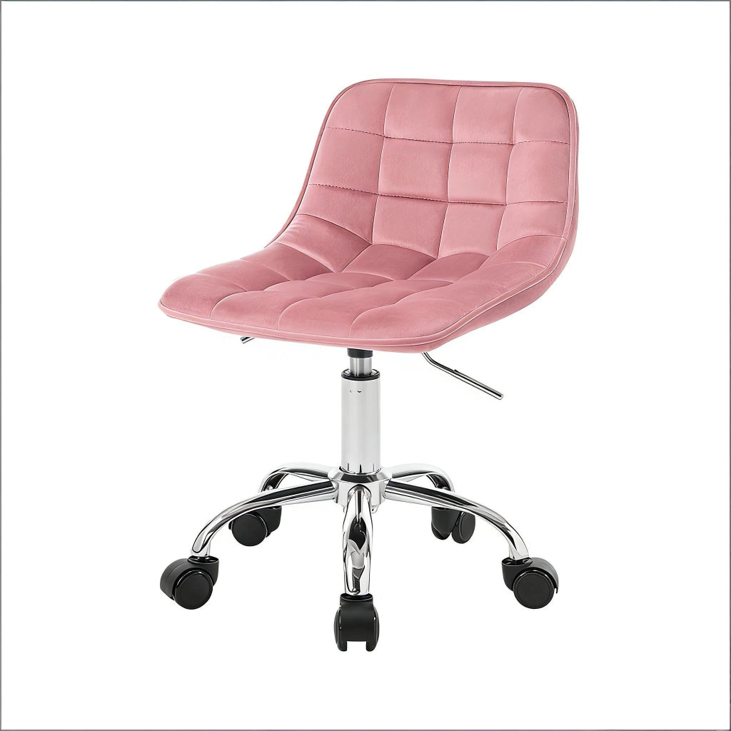 Sedia da ufficio girevole in velluto rosa con ruote, altezza regolabile 40-47,5 cm