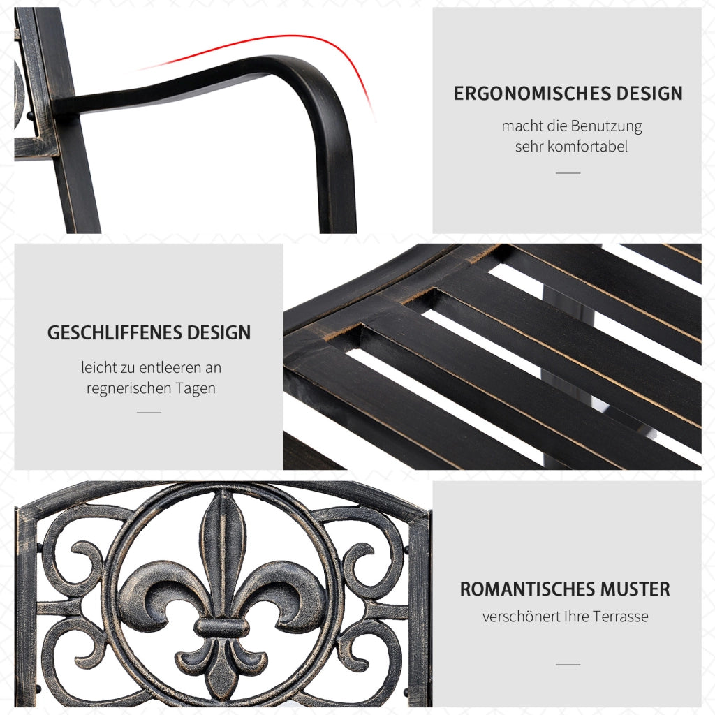 Sedia a dondolo antica in metallo in bronzo elegante e confortevole per patio e giardino