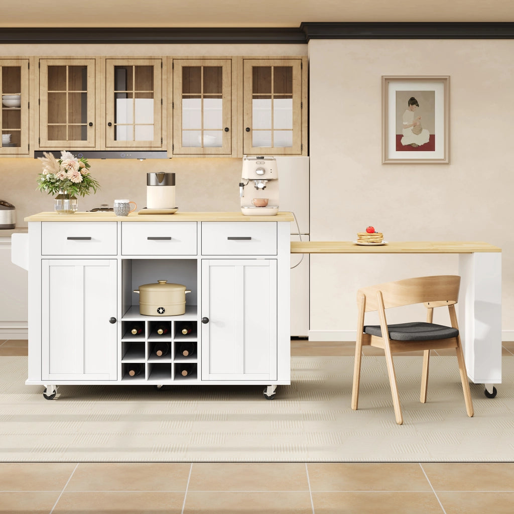 Isola da cucina mobile con piano estraibile, 3 cassetti, portabottiglie e presa USB, 136(223)x50x93 cm, MDF, Natural/White