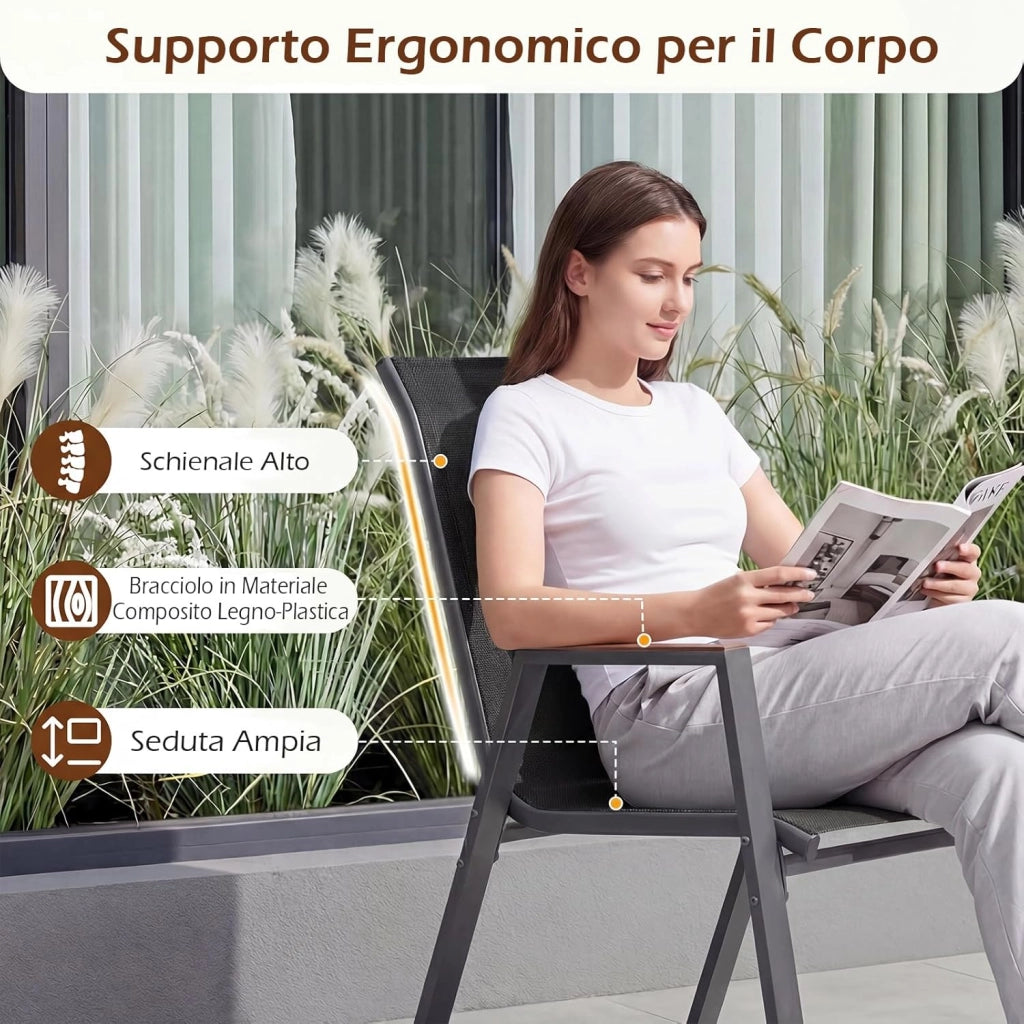 Set di 2/4/8 Sedie da Giardino, Poltrone in Tessuto Textilene per Esterno, Sedie Impilabili con Gambe in Metallo, Portata 180 kg, 56 x 66 x 88 cm (Nero,8)