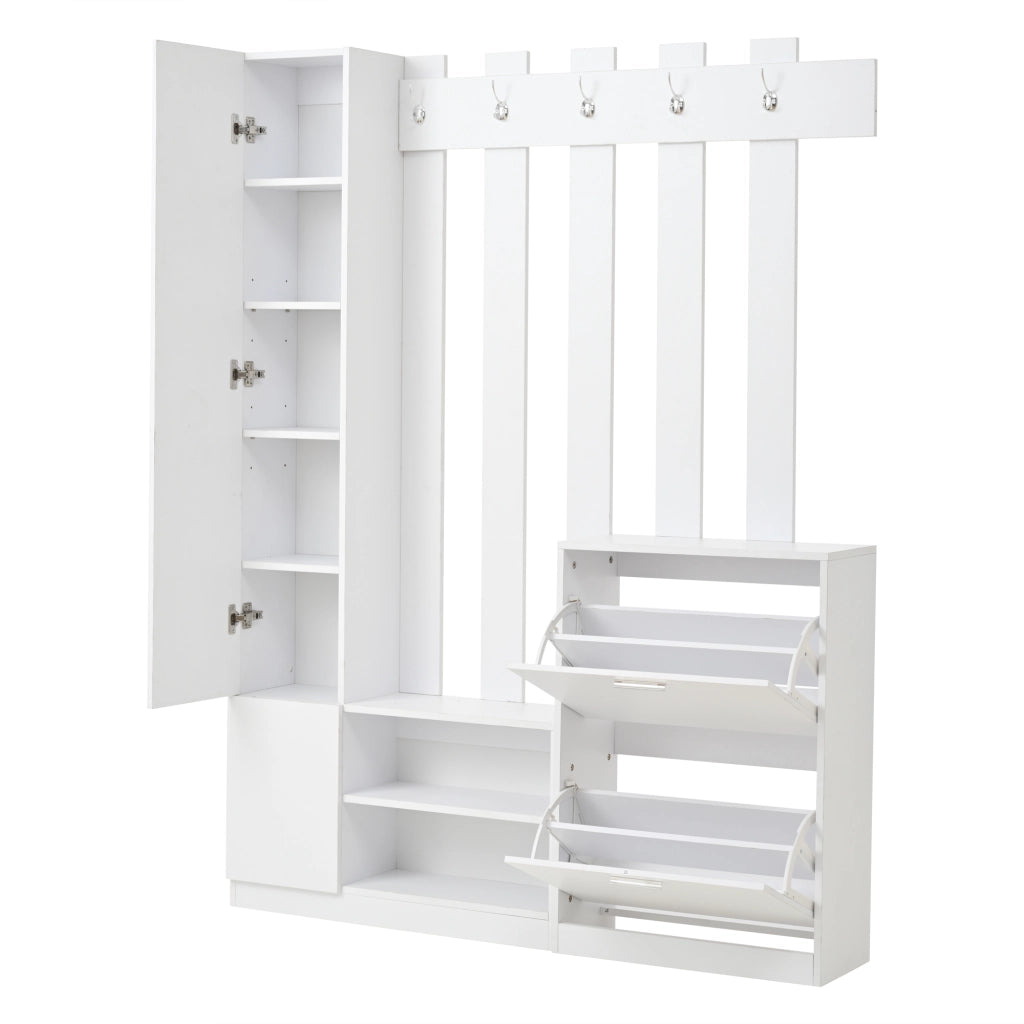 Mobile Ingresso con Specchio con 2 Ante a Ribalta e 5 Ganci; Scarpiera e Ripiani; in Pannello Truciolare; 135×25×180 cm; Bianco