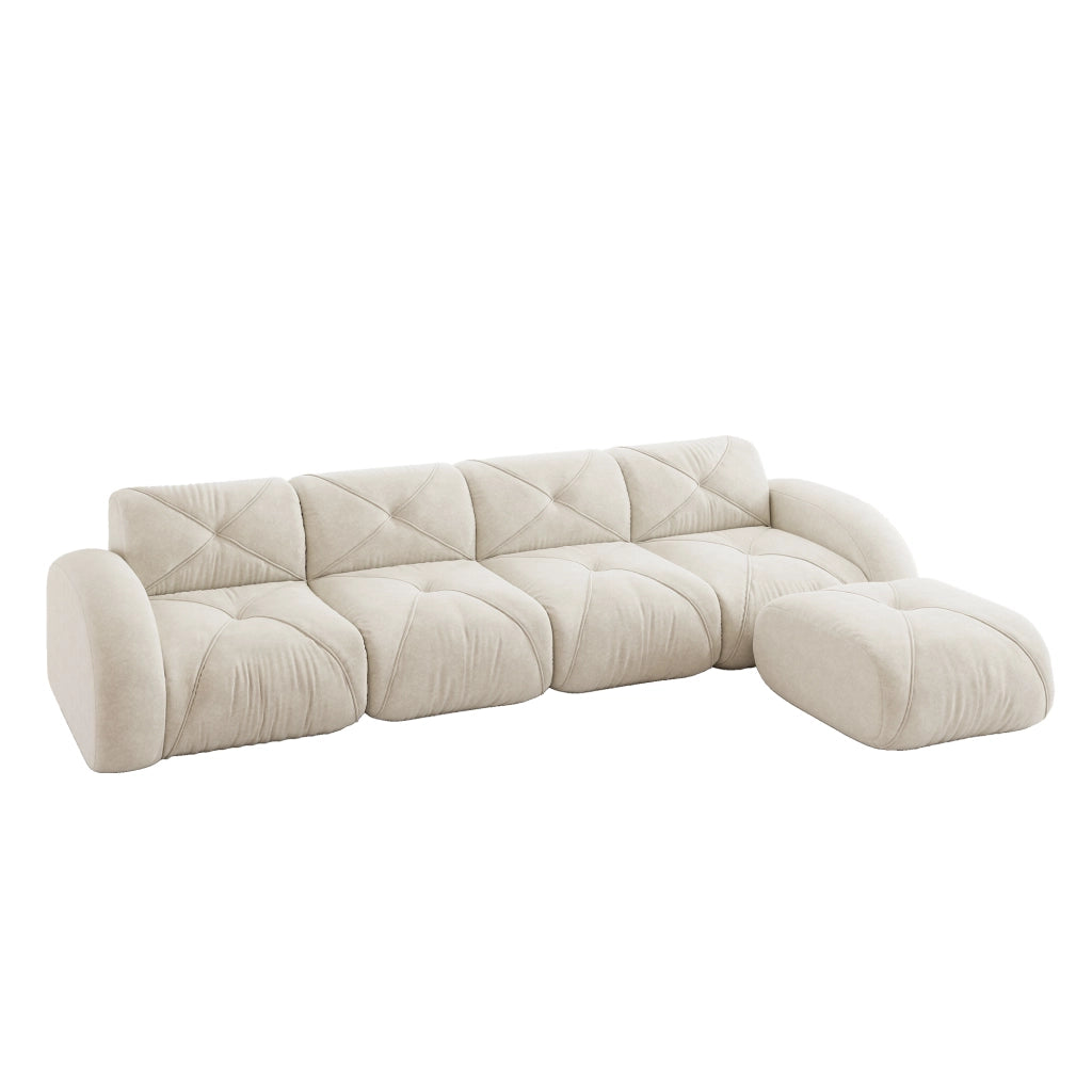 Divano angolare modulare in ciniglia con seduta morbida e base antiscivolo beige chiaro