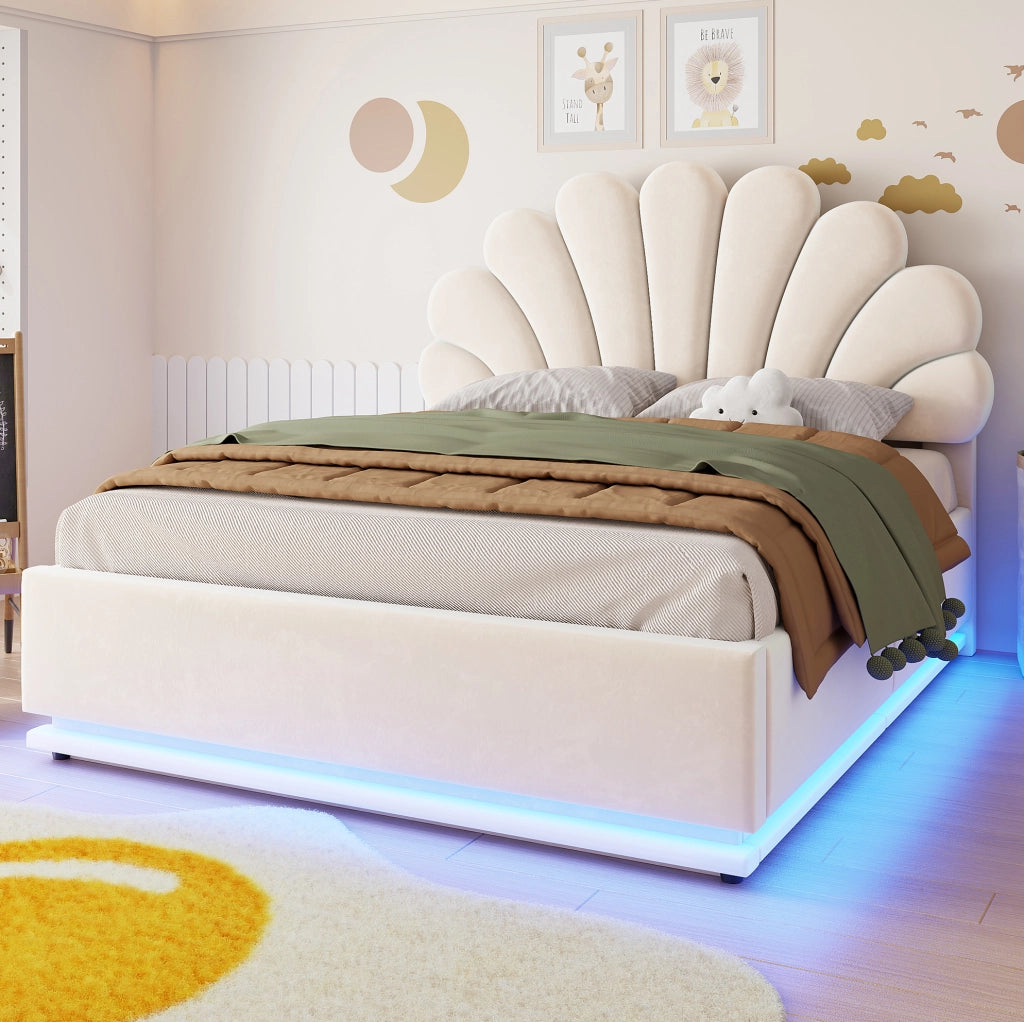 Letto imbottito 140x200 cm in velluto beige con LED e vano