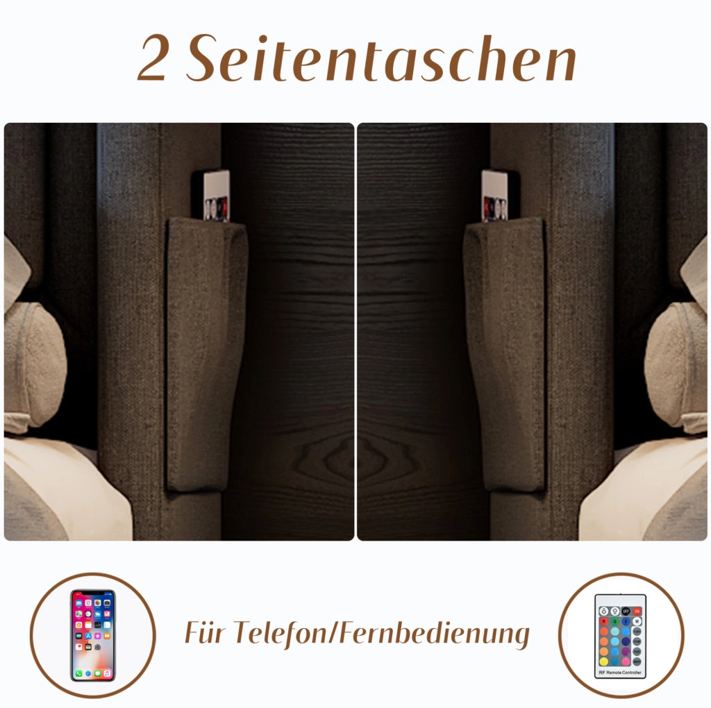 Letto matrimoniale contenitore 160x200 cm in tessuto cotone e lino grigio con LED; prese USB e Type-C