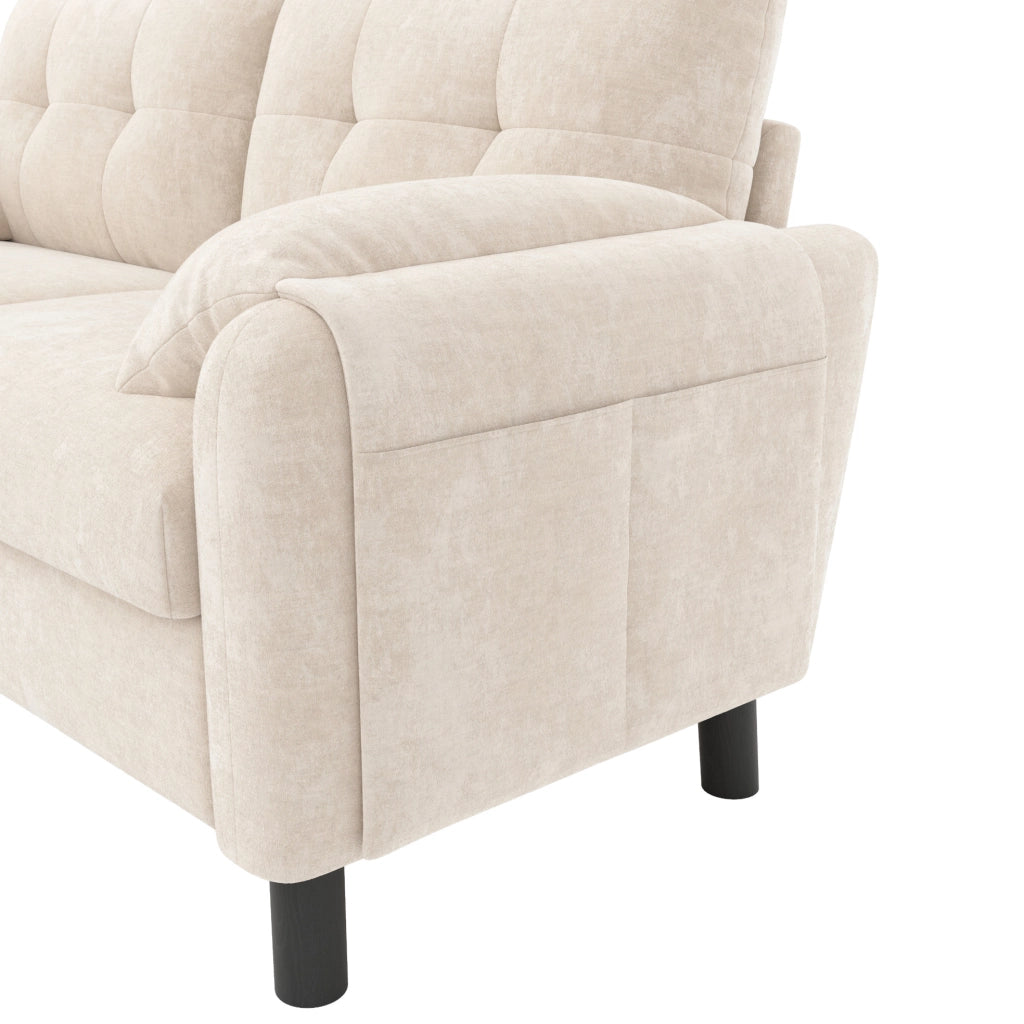 Divano 2 posti modulare in ciniglia beige con tasche laterali e 2 cuscini; 158 × 80 × 88;5 cm