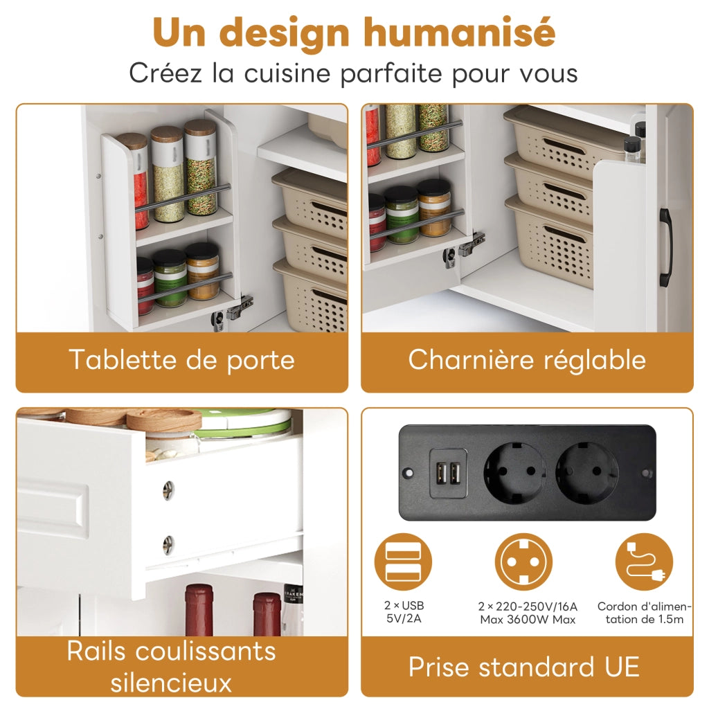 Isola da cucina estraibile 120 cm - Zephmum - Con bar e prese, 2 cassetti e 2 ante con scaffali