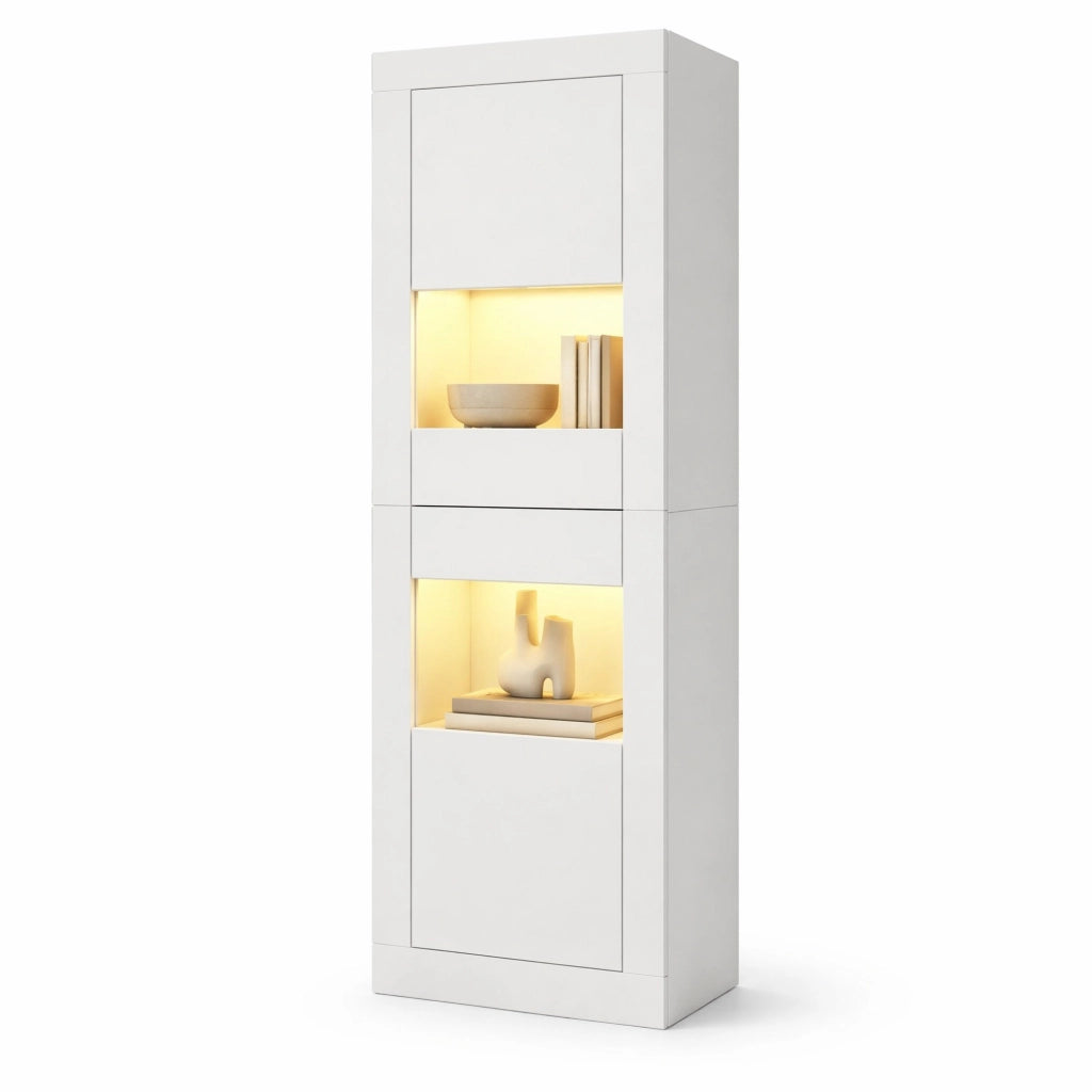 Vetrina bianca con illuminazione LED, 61 x 42 x 162 cm, 2 ante, ripiani in vetro regolabili, mobile espositivo da pavimento