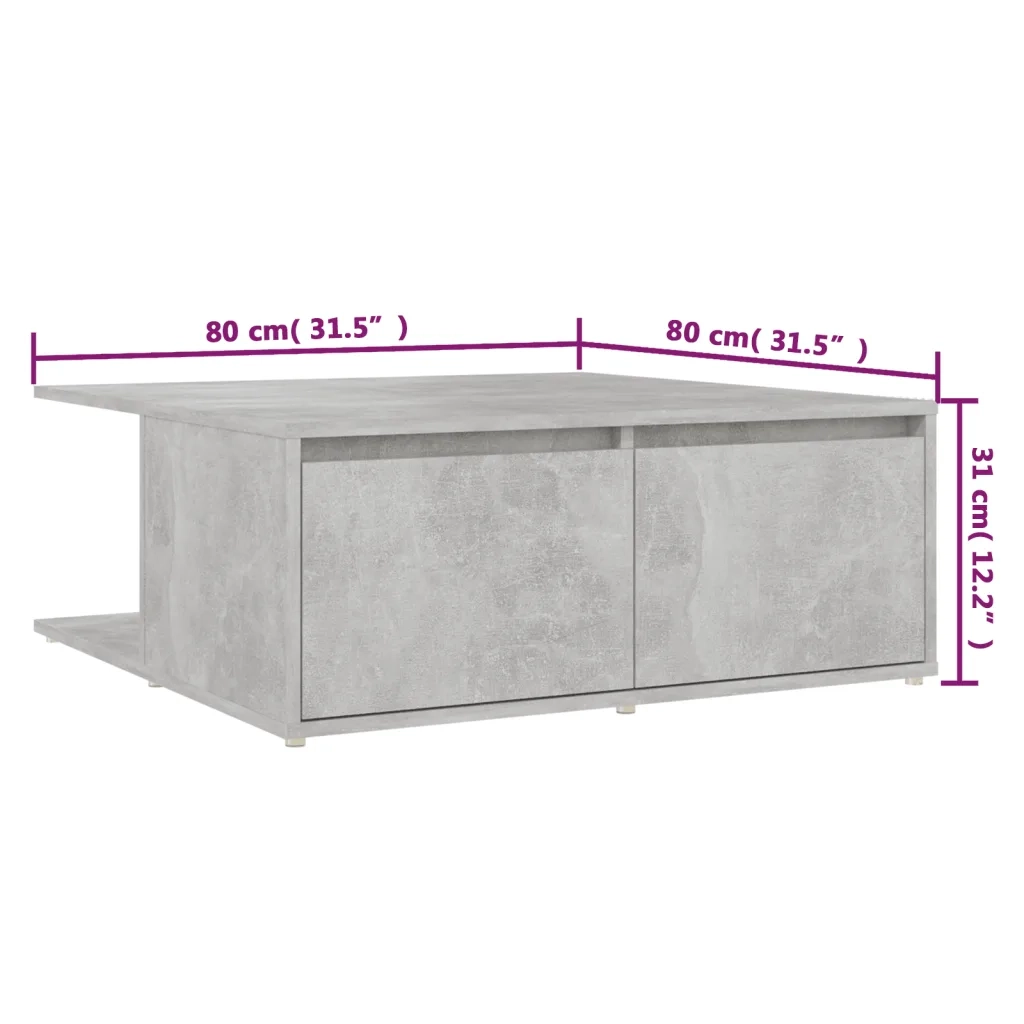 Tavolino da Salotto Grigio Cemento 80x80x31cm Legno Multistrato 806880
